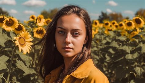 Premium Ai Image Young Woman In A Sunflower Field Smiling Radiating