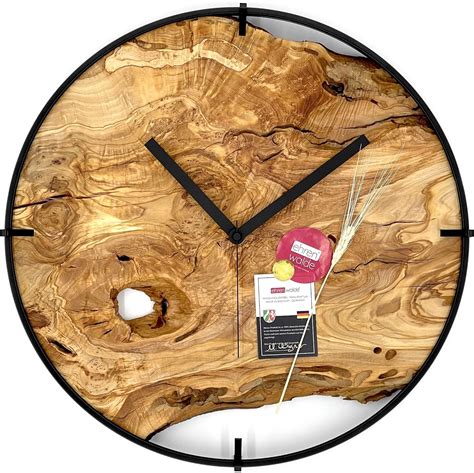 Amazon De Ehrenwalde Wanduhr Holz Ziffernblatt Olivenholz Baumscheibe