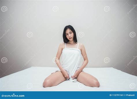 Beautiful Woman In Lingerie Sits In Bed Stock Image Image Of Brunette Underwear 113791161