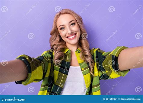 Photo Of Cheerful Sweet Lady Wear Plaid Yellow Shirt Tacking Selfie