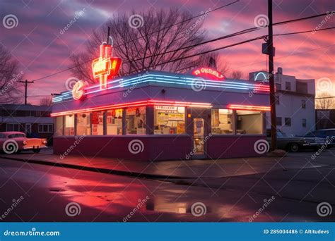 Classic 50s Diner Exterior With Neon Lights And Signage Stock Photo