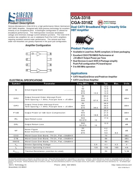 Cga Datasheet Amplifier Equivalent Sirenza Microdevices