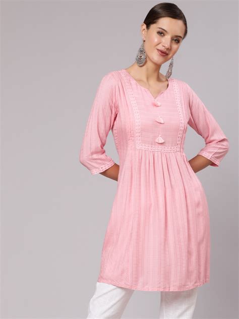 Pink Self Weave Pleated LacedUp And Gathered Short Kurta With Tasseles