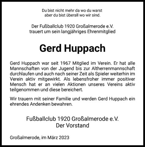 Traueranzeigen Von Gerd Huppach Trauer Hna De