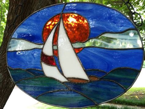 Beach Sunset Sailboat Stained Glass Window Panel Suncatcher 16 Etsy