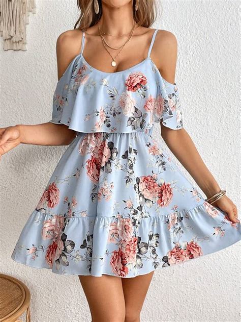 Shein Clasi Floral Print Cold Shoulder Ruffle Hem Dress Shein Usa