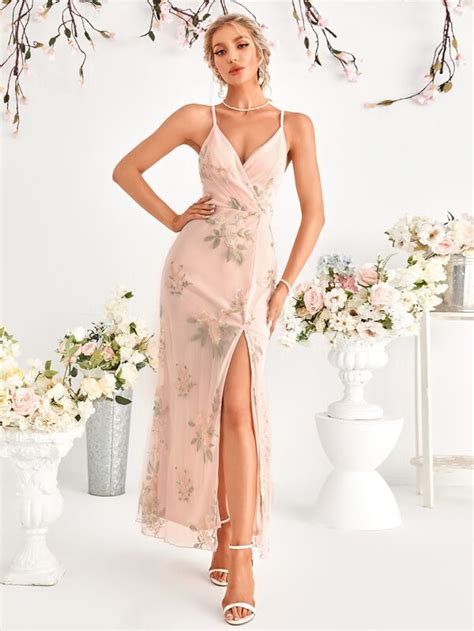 Floral Embroidery Mesh Split Thigh Criss Cross Tie Backless Bridesmaid