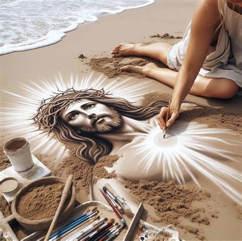 A Woman Sitting On Top Of A Sandy Beach Next To The Ocean Drawing Jesus