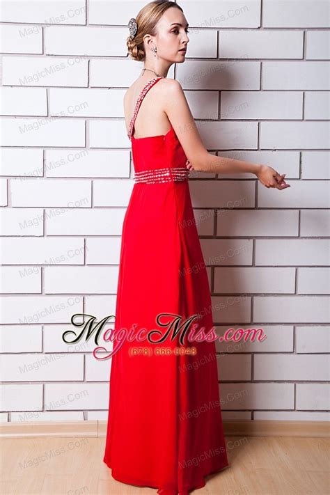 Red Empire One Shoulder Floor Length Chiffon Beading Homecoming Dress