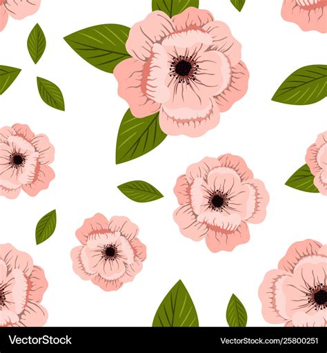 Pink flowers print with green leaves Royalty Free Vector