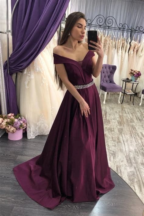 Grape Purple Satin Prom Dresses with Beaded Belt · NarsBridal · Online ...