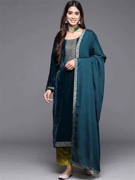 Buy Green Yoke Design Velvet Straight Suit With Dupatta Online At Rs