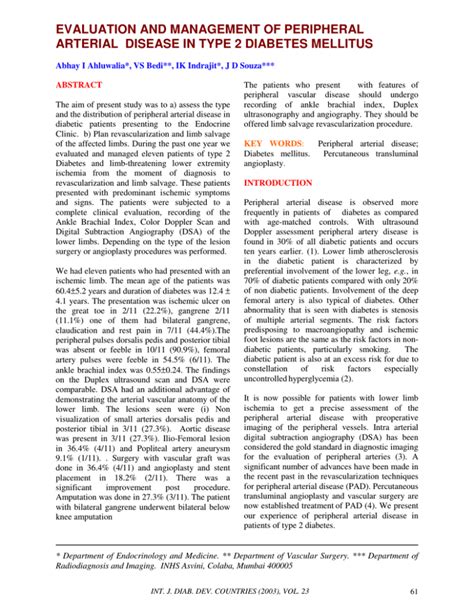 Evaluation And Management Of Peripheral Arterial Disease In Type