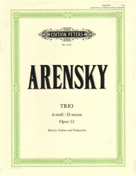 Arensky Piano Trio D Minor Op 32 Sheet Music