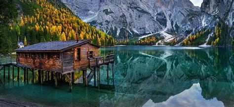 Hd Wallpaper Alps Cabin Chapel Fall Forest Italy Lake Landscape