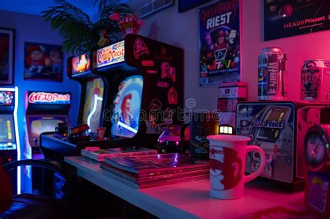 Neon Glow In Retro Arcade Game Room Stock Image Image Of Style Retro