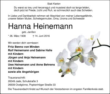 Traueranzeigen Von Hanna Heinemann Nordwest Trauer De