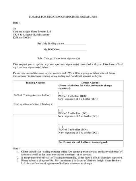 Fillable Online Format For Updation Of Specimen Signature S Fax Email