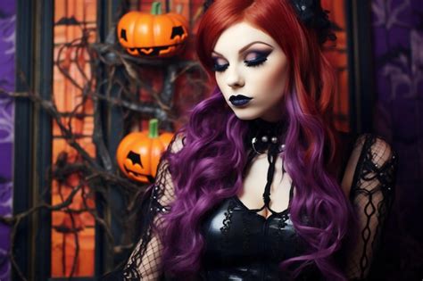 Premium Ai Image Beautiful Gothic Girl With Red Hair And Makeup Halloween