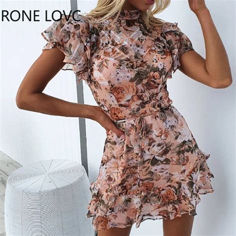 Women Floral Print Ruffle Hem Tied Detail Mock Neck Dress Bodycon Dress