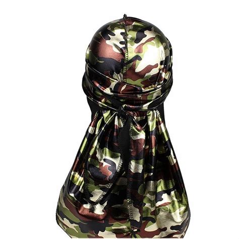 Fashion Mens Camo Silky Durags Turban Headband Shiny Print Men Silk