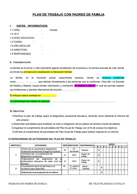 Plan De Escuela De Padres Plan De Trabajo Con Padres De Familia I