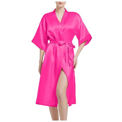 Womens Satin Robes Short Kimono Bathrobes 3 4 Sleeve Sleepwear With