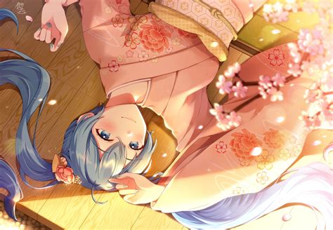 Blue Eyes Blue Hair Blush Cherry Blossoms Flowers Hatsune Miku Japanese