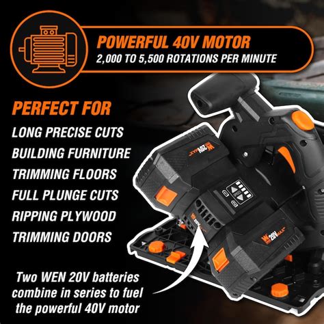 Wen 20v Max 6 5 Inch Cordless Brushless Plunge Cut Variable Speed Track Saw With Two 4 0 Ah