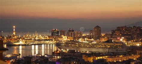 Stunning Panoramic Aerial View Of The Port Of Genoa In The Night