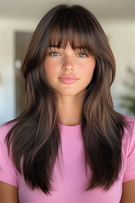 35 Trendy Long Straight Haircuts To Try Now Brunette Soft Layers With Full Bangs