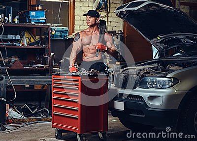 Shirtless Mechanic In A Garage Stock Image Image Of People Muscle