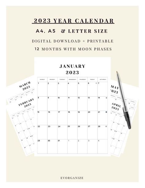 Blank 2023 Calendar Paper Size. Digital Download Printable. A4, A5 ...