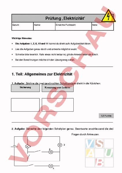 Arbeitsblatt Prüfung Elektrizität Physik Elektrizität Magnetismus