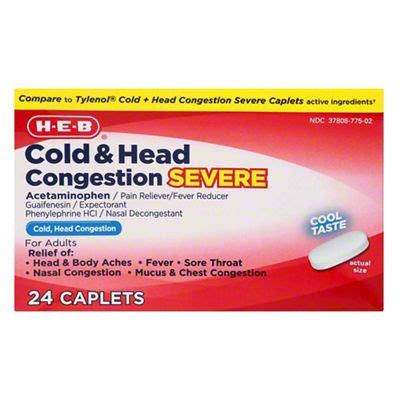 H E B Severe Cold Head Congestion Caplets Cool Taste 24 Ct