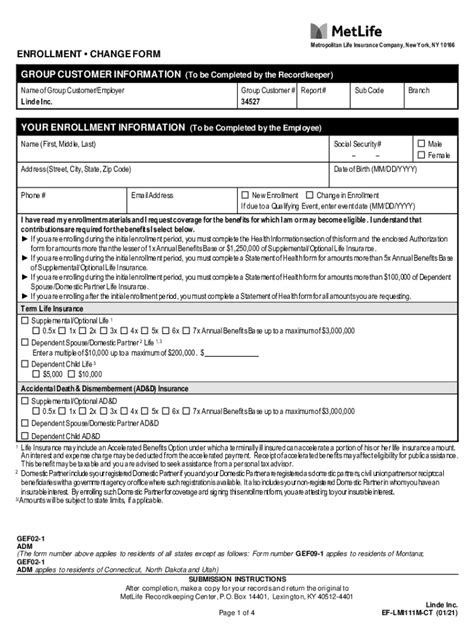 Fillable Online Metlife Life Insurance Enrollment Form Fax Email Print