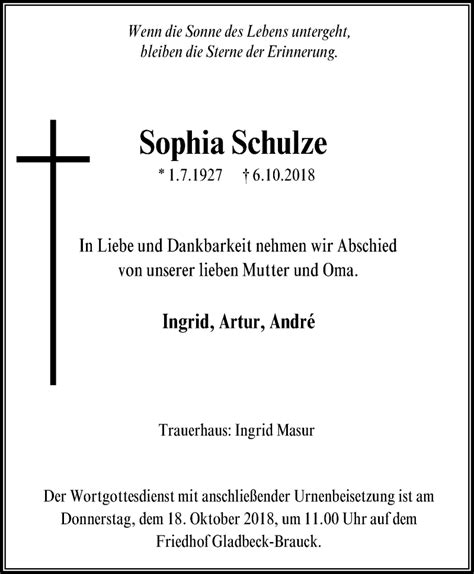 Traueranzeigen Von Sophia Schulze Trauer In NRW De