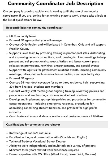 Community Coordinator Job Description Velvet Jobs