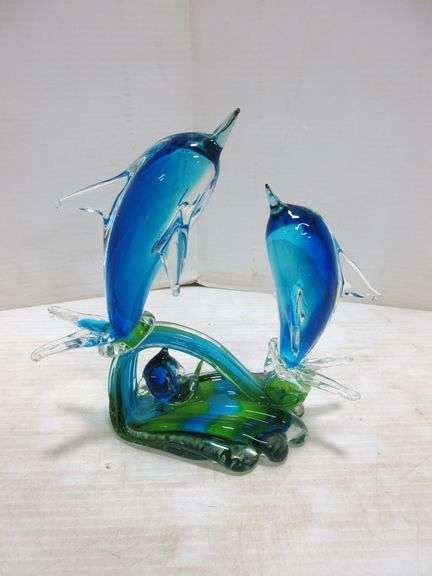 Hand Blown Art Glass Murano Dolphins On Wave Figurine Statue Albrecht Auction Service