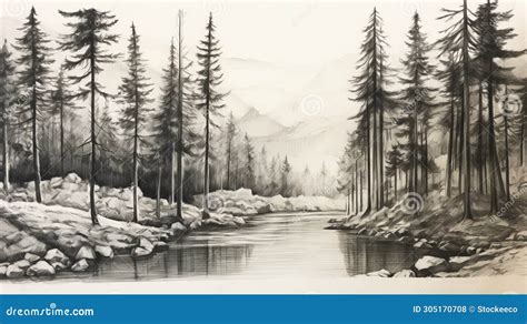 Ravine Sketch Pine Trees Along Water Black And White Realism Stock