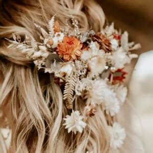 Boho Dried Rustic Orange Ivory Real Flower Hair Comb Wedding Hair