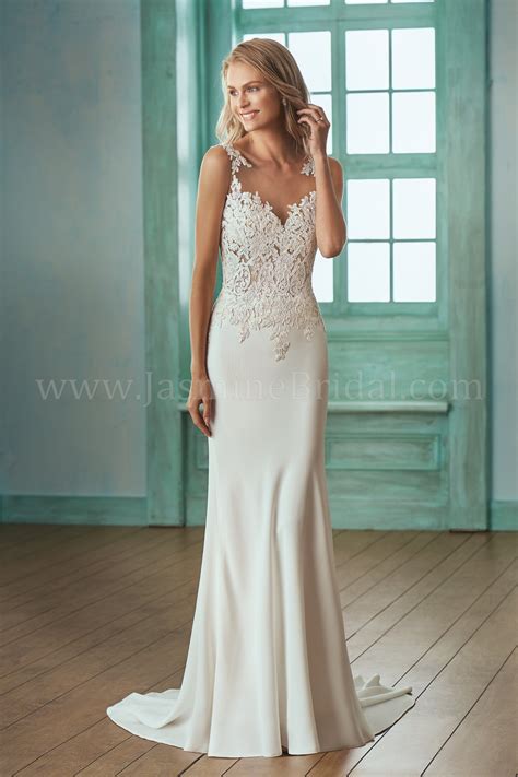 F201001 Illusion Bodice Illusion Neckline Lace Crepe Wedding Dress