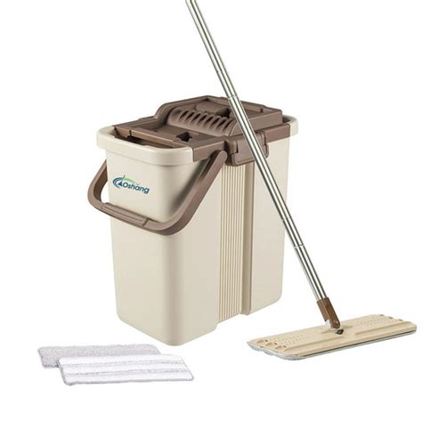 Oshang Flat Mop And Bucket Set Hands Free Floor Mop Stainless Steel Handle 2 Washable