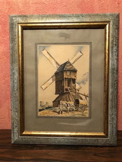 Ancien Tableau Barday Dessin Aquarell Moulin Cadre Bois Vintage Eur