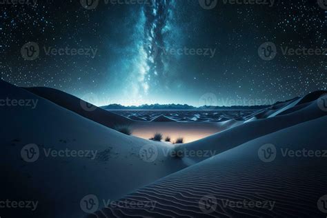 Starry night in the desert with dunes, dark night sky with stars. Milky ...