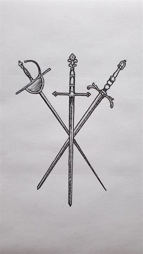 Two Crossed Swords And A Bird Sitting On Top Of Them Drawn By Hand In