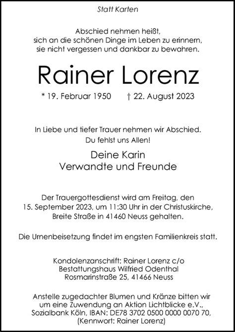 Alle Traueranzeigen für Rainer Lorenz trauer rp online de