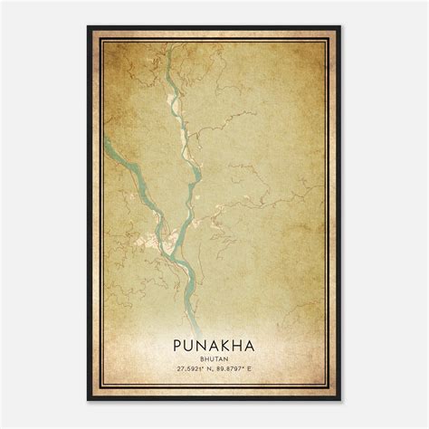 Vintage Punakha Bhutan Map Poster, Punakha City Road Wall Art Print - Custom Maps & Posters