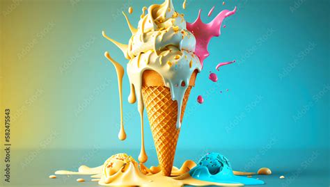 This Illustration Depicts A Melting Ice Cream Cone In A Variety Of