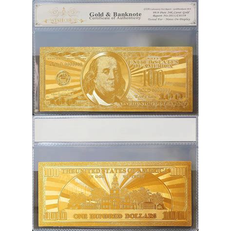 100mg 24K Gold 1999 100 Dollar Bill Federal Reserve Banknote with White